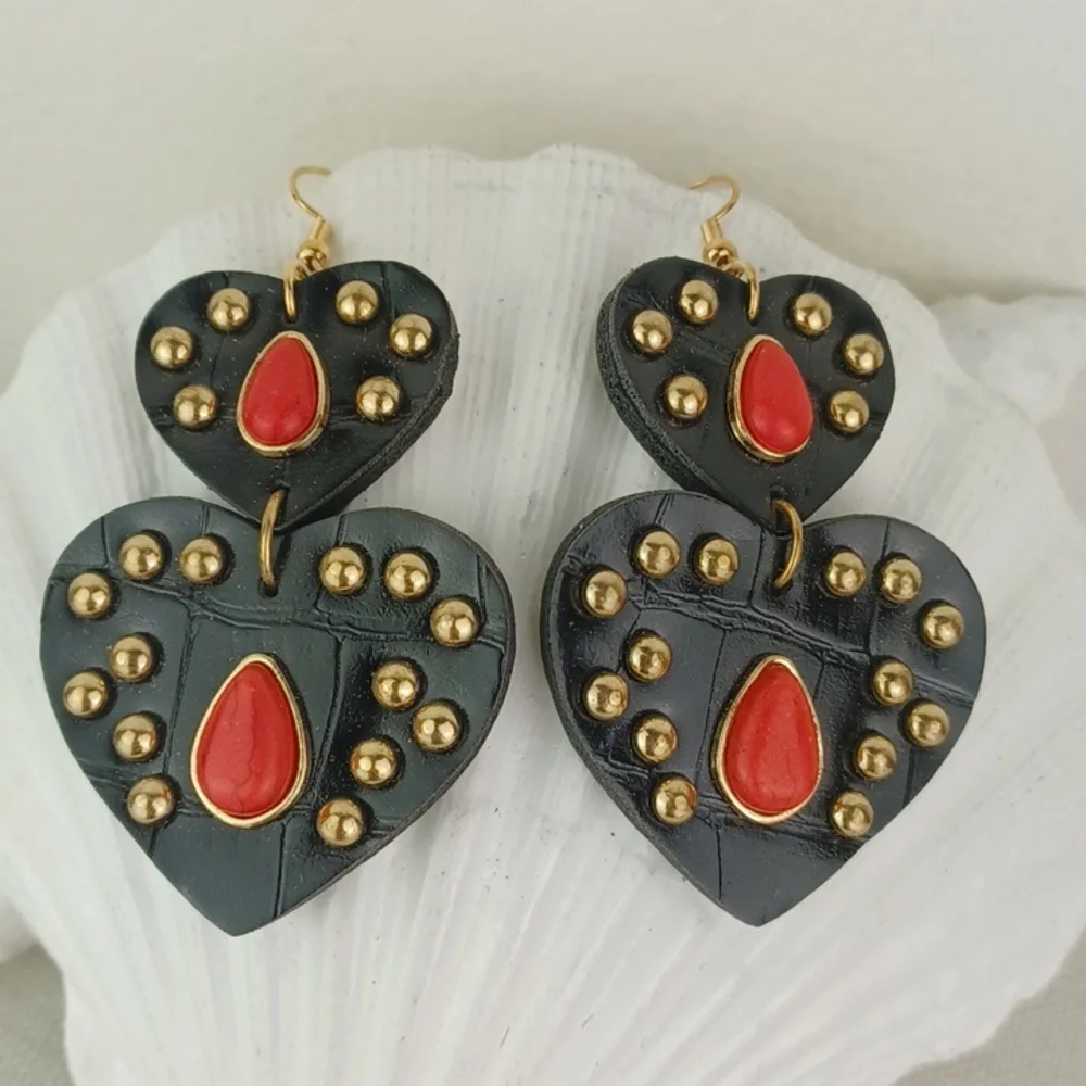 Red Stone Brassy Gold Studded Black Leather DBL Drop Super Cool Heart Earrings